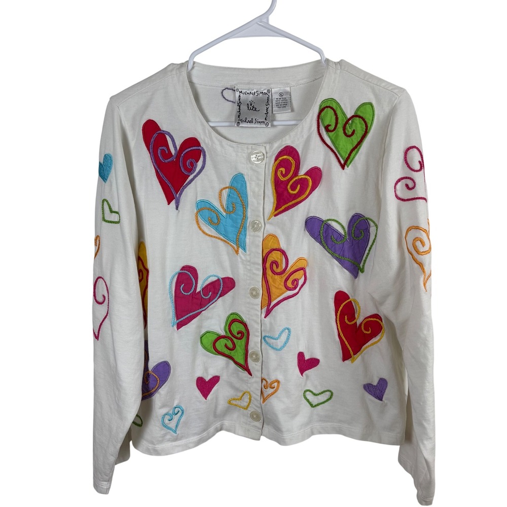 Vtg Michael Simon Lite Top Women's XL Hearts Embroidered Whimsical Art to Wear